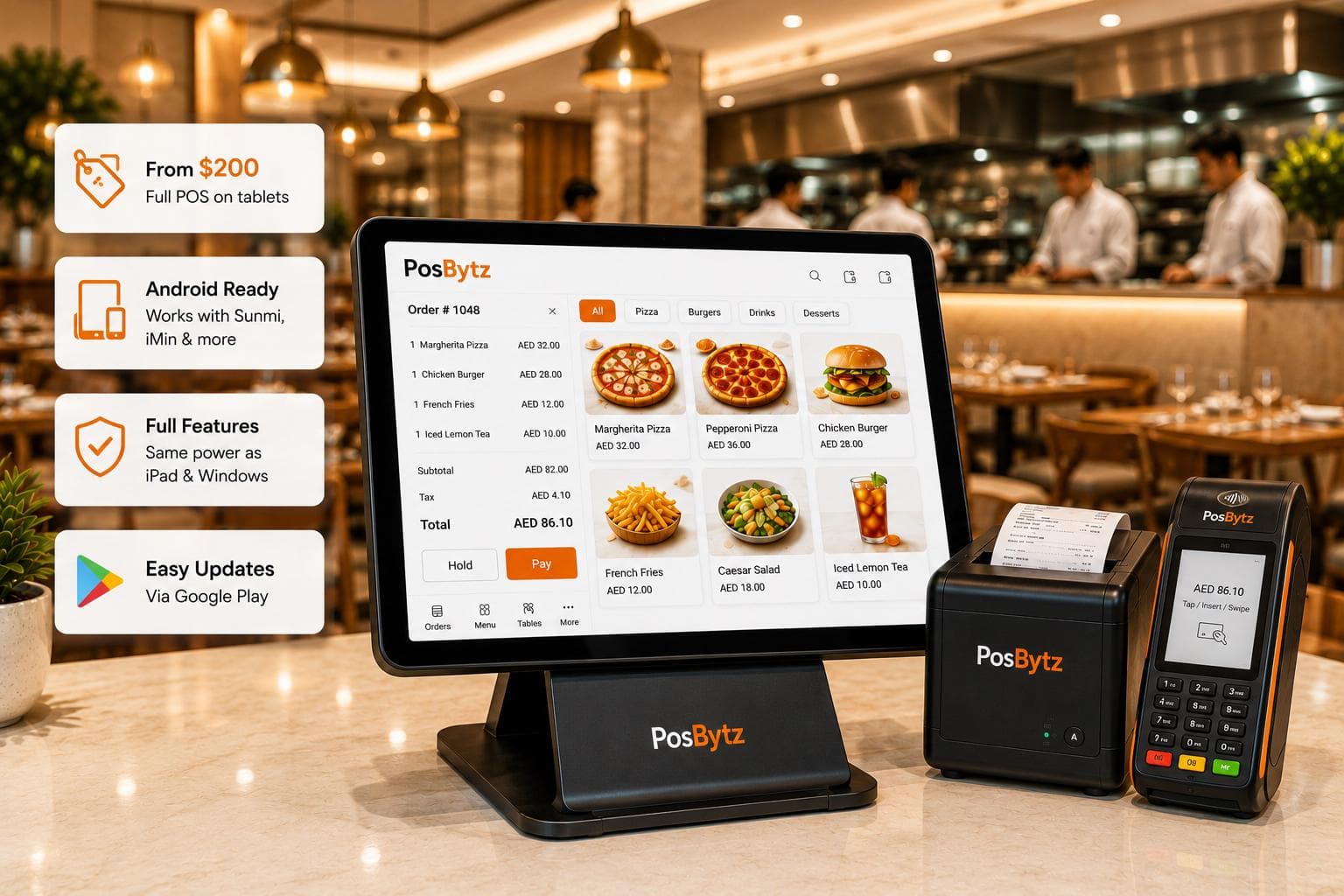 Android POS system running on affordable tablet hardware with full-featured point-of-sale capabilities.