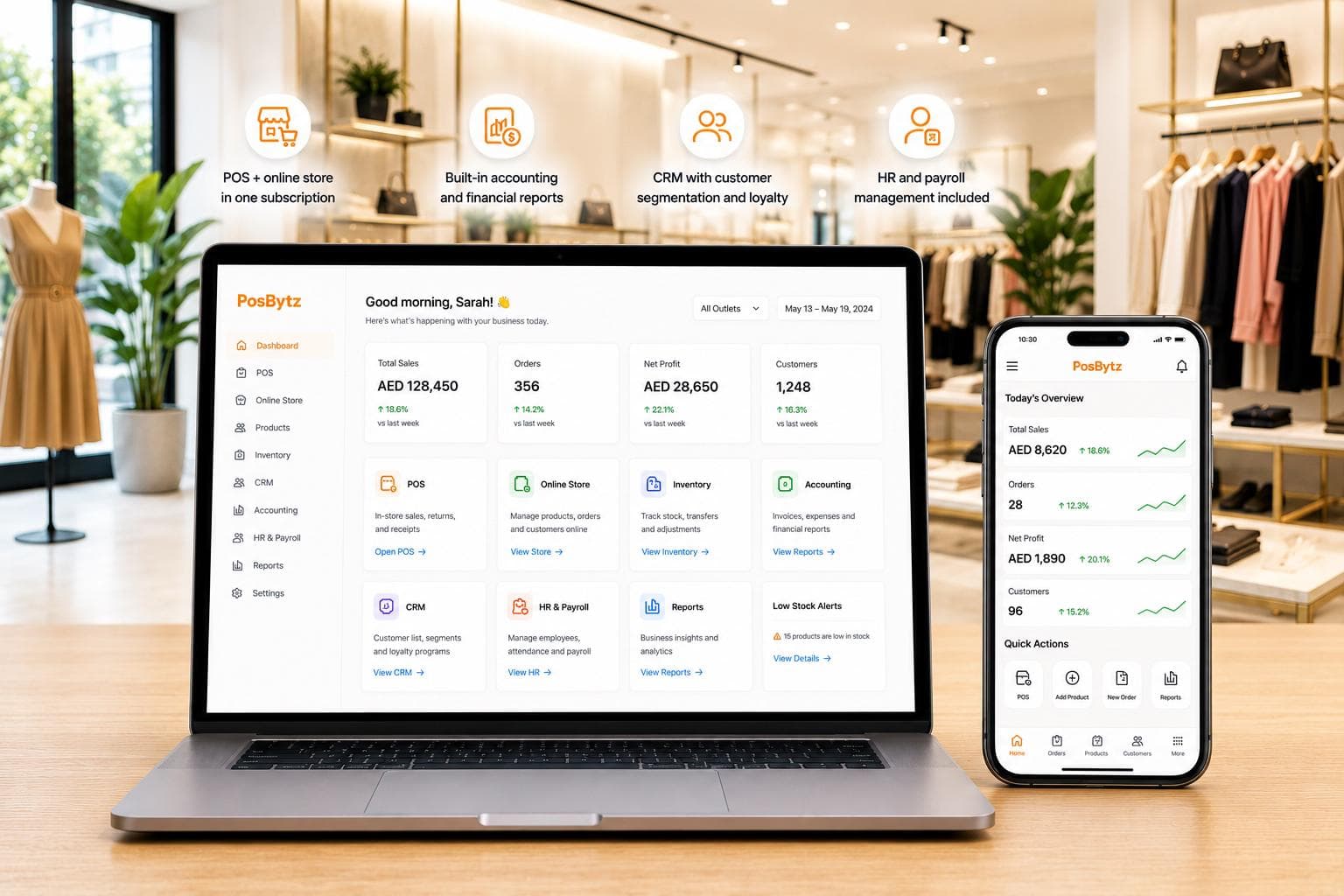 All-in-one POS, e-commerce, inventory, accounting, CRM, and payroll software dashboard
