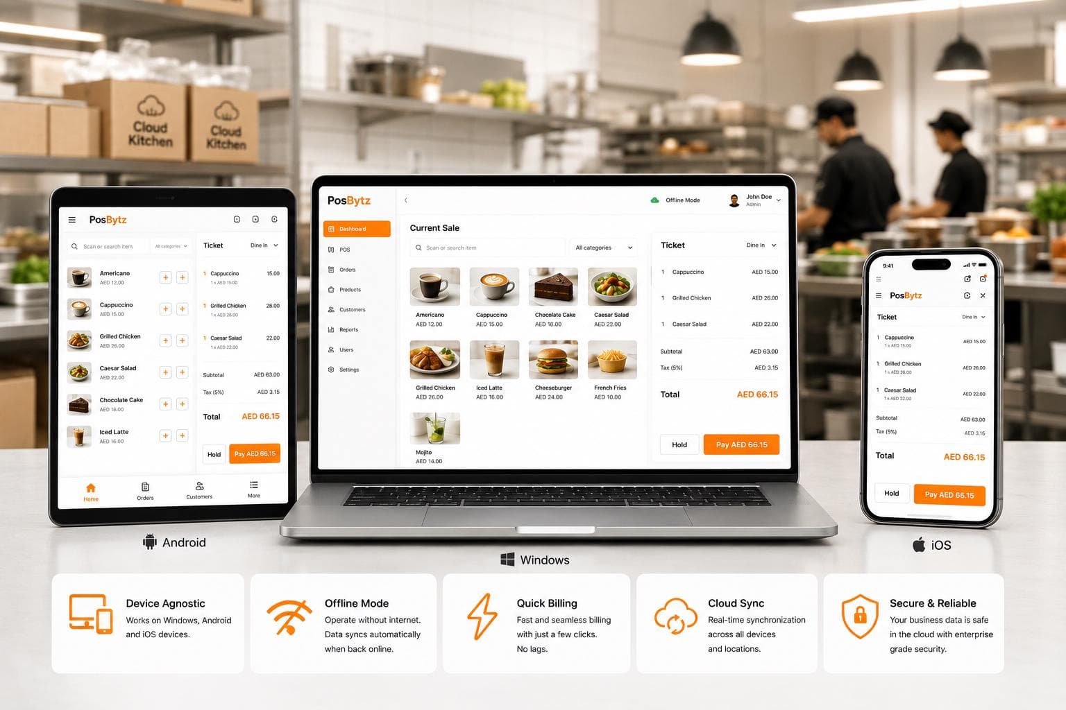 Android POS system with touchscreen interface, fast billing, and offline mode support.