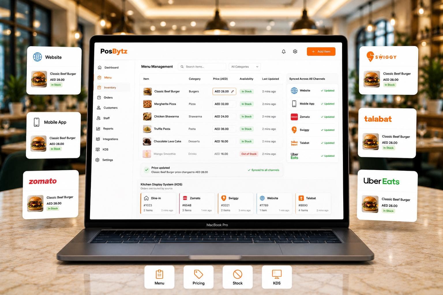 Restaurant POS integration with real-time menu, inventory, and aggregator sync system