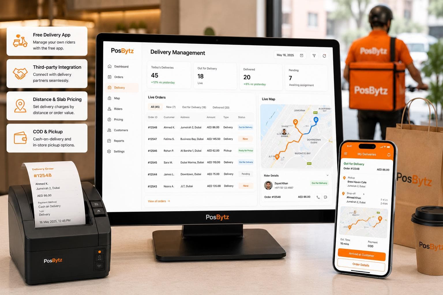 Delivery management system with rider tracking, COD, and third-party logistics integration