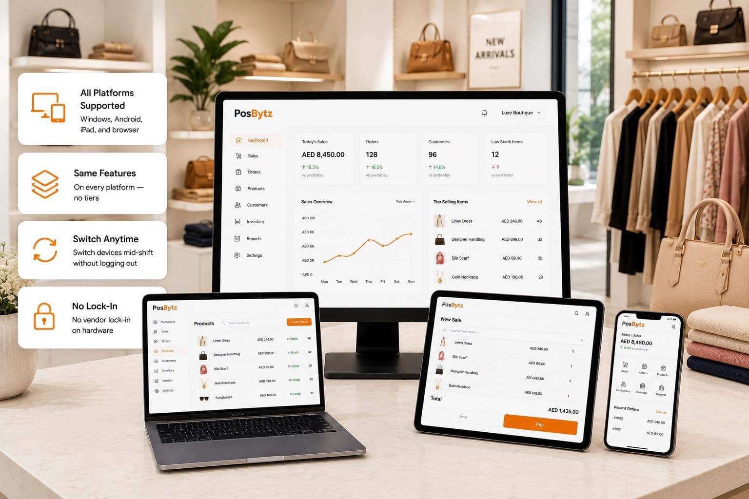 Device-agnostic POS software accessible on Windows, Android, iPad, and web browsers.