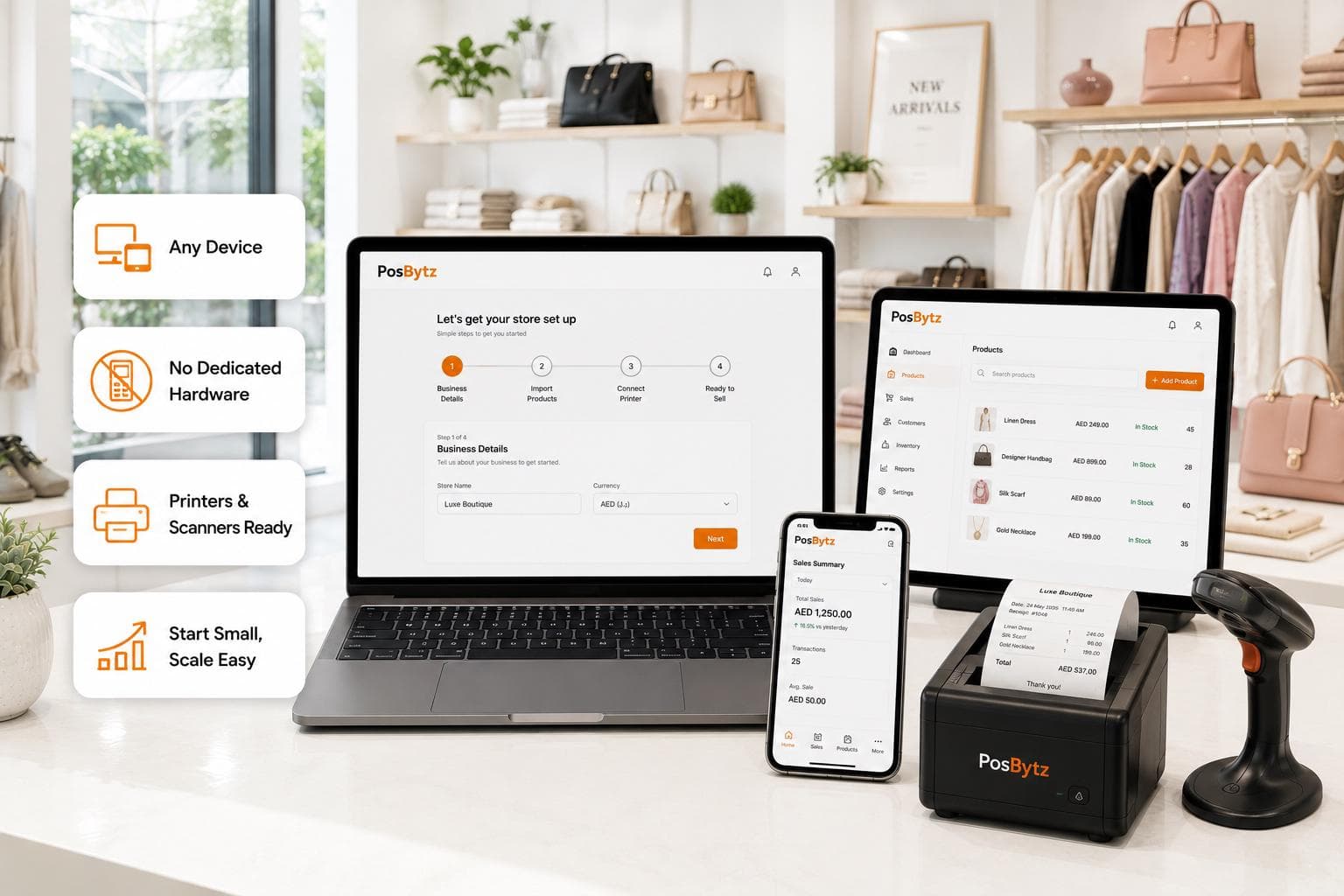 Cloud POS system running on laptop, tablet, and mobile devices with browser-based access and no dedicated hardware required.