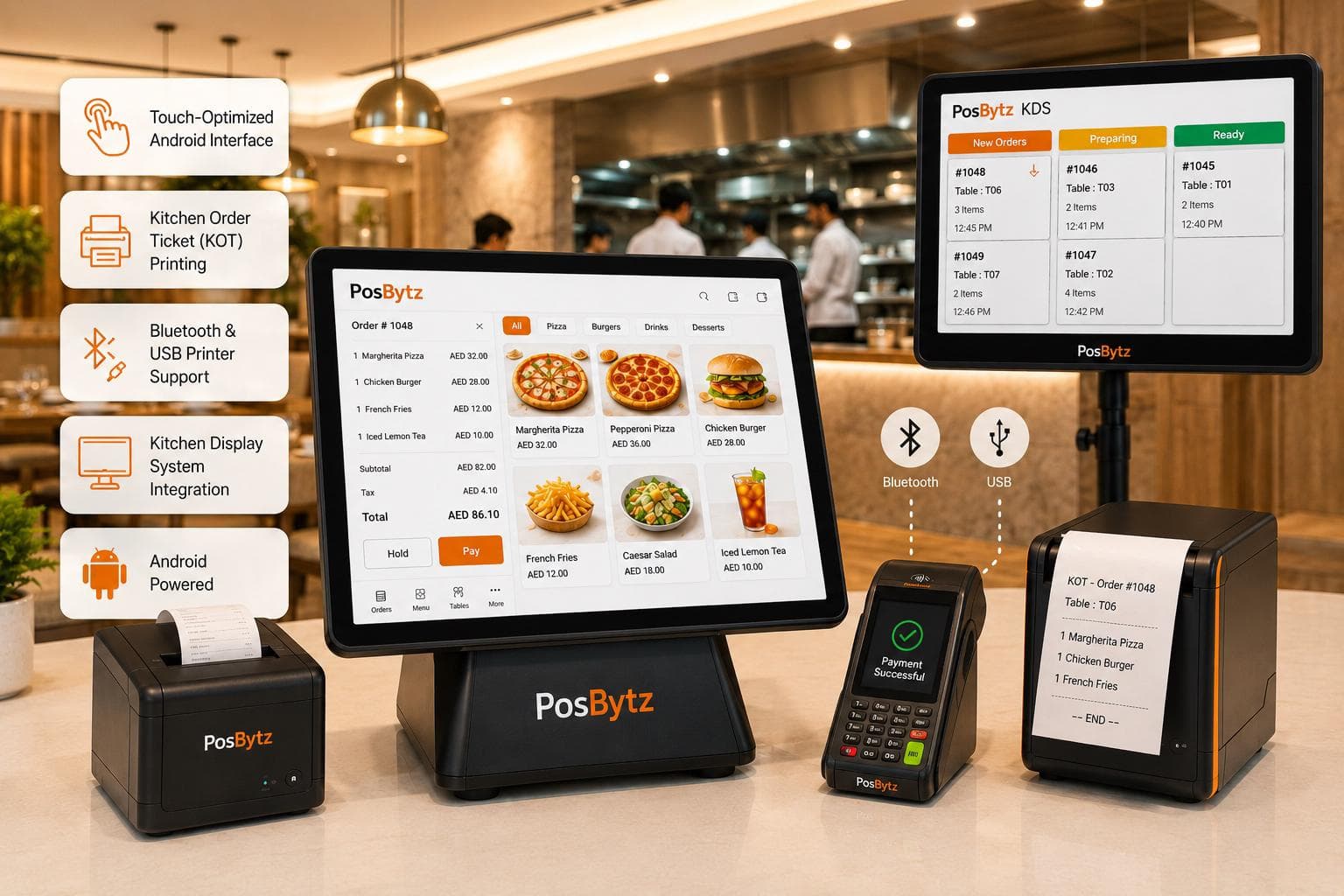 Android POS touchscreen billing system with KOT printing and kitchen printer integration.