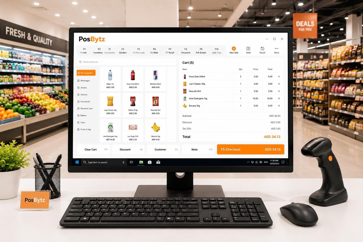 Windows POS interface with keyboard shortcuts and full-screen checkout workflow.