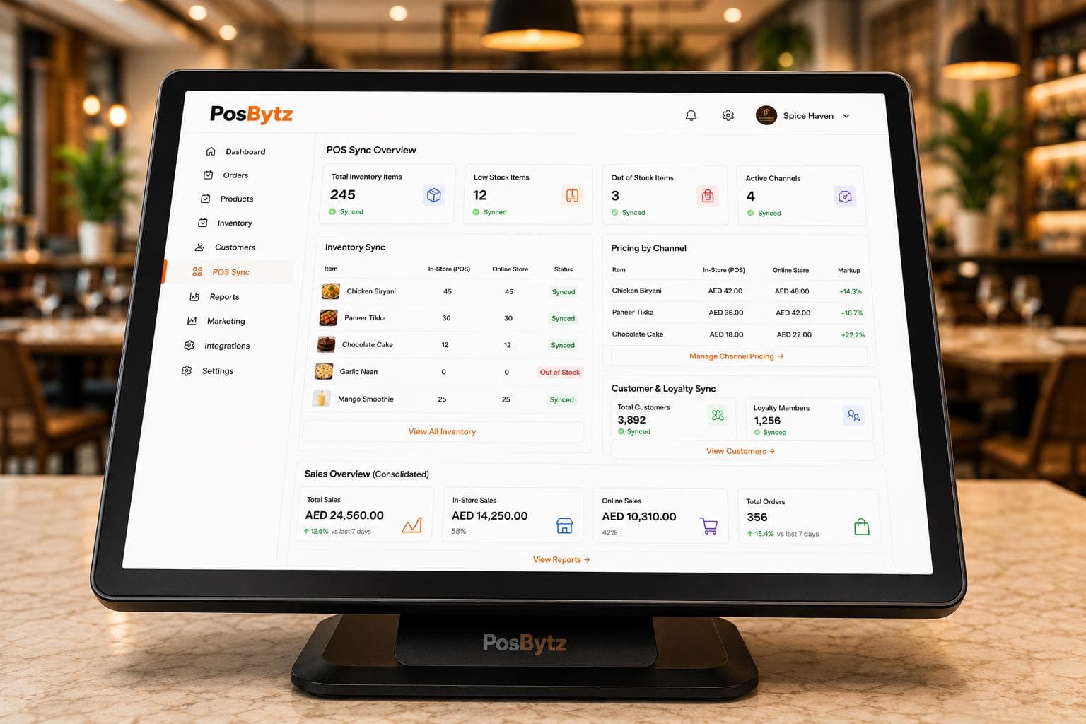 POS Sync enabling unified online and in-store inventory, pricing, and customer data with consolidated reporting.