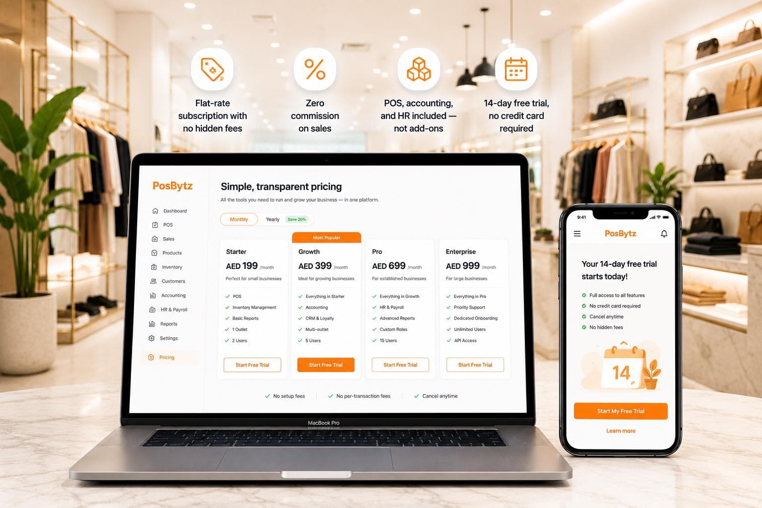 Transparent business software pricing with no transaction fees, zero sales commissions, and built-in POS, accounting, and HR tools