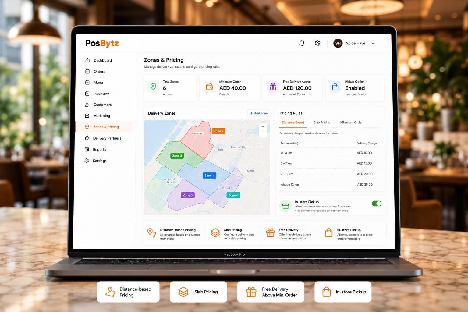 Delivery zones and pricing configuration for distance-based food delivery