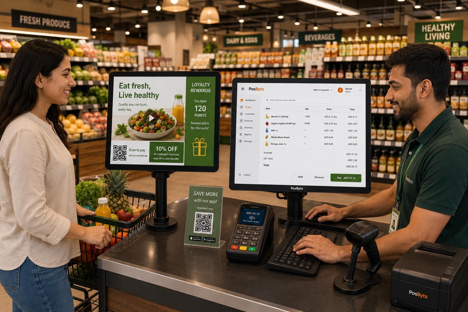 Windows POS system with dual screens showing transaction details, QR payments, and promotional content.