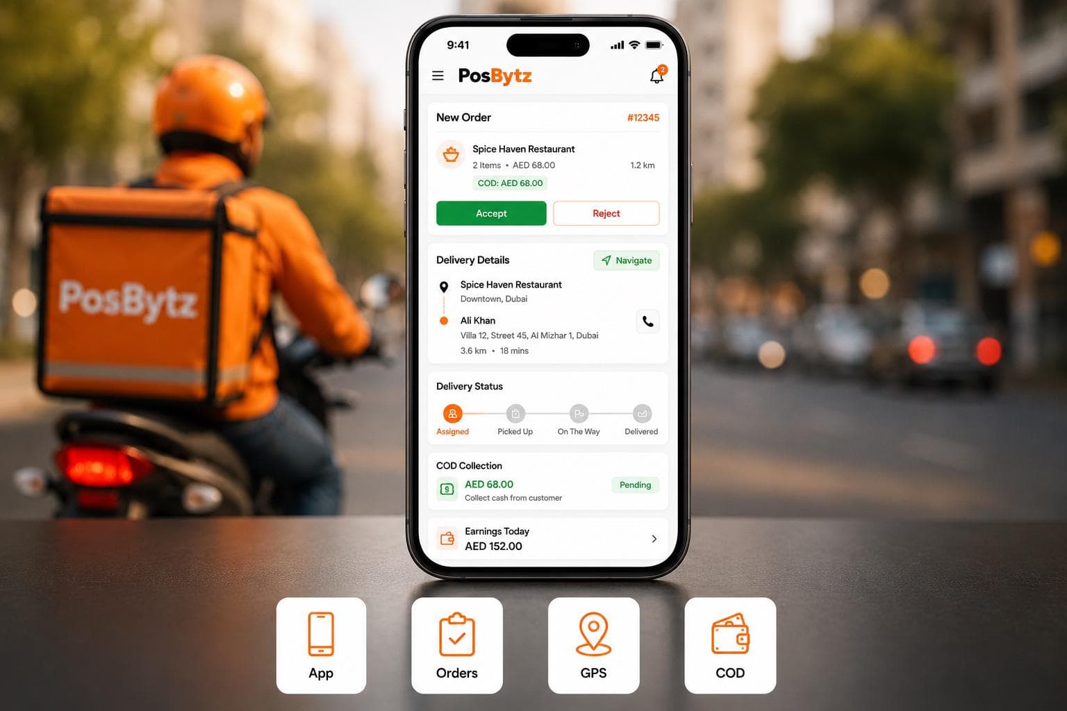 Rider app for food delivery with order assignment and GPS navigation