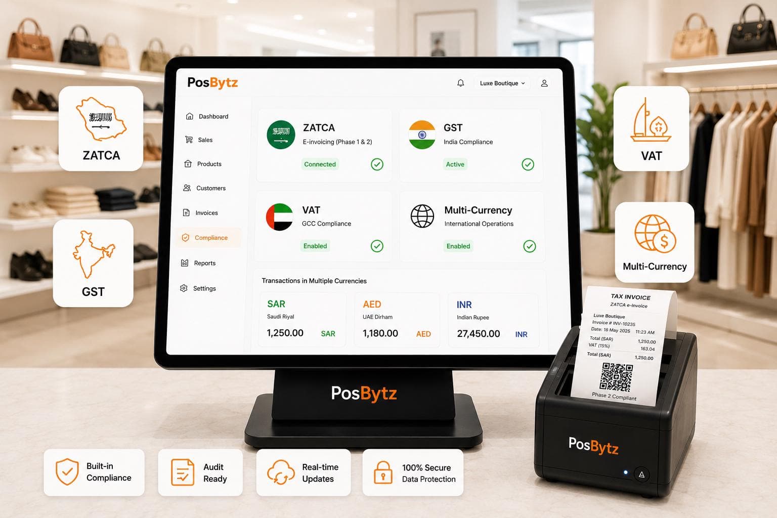 POS system supporting regional tax compliance including ZATCA, GST, and VAT with multi-currency operations.