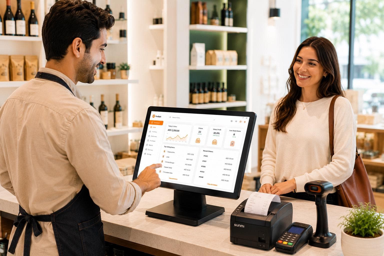 Unified POS system for small businesses managing in-store, online, and delivery sales.