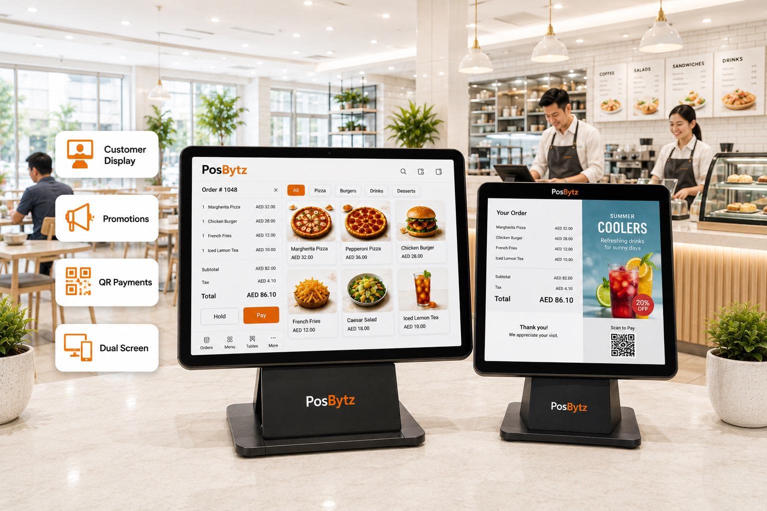 Android POS system with dual screens displaying transaction details, QR payments, and promotional content.
