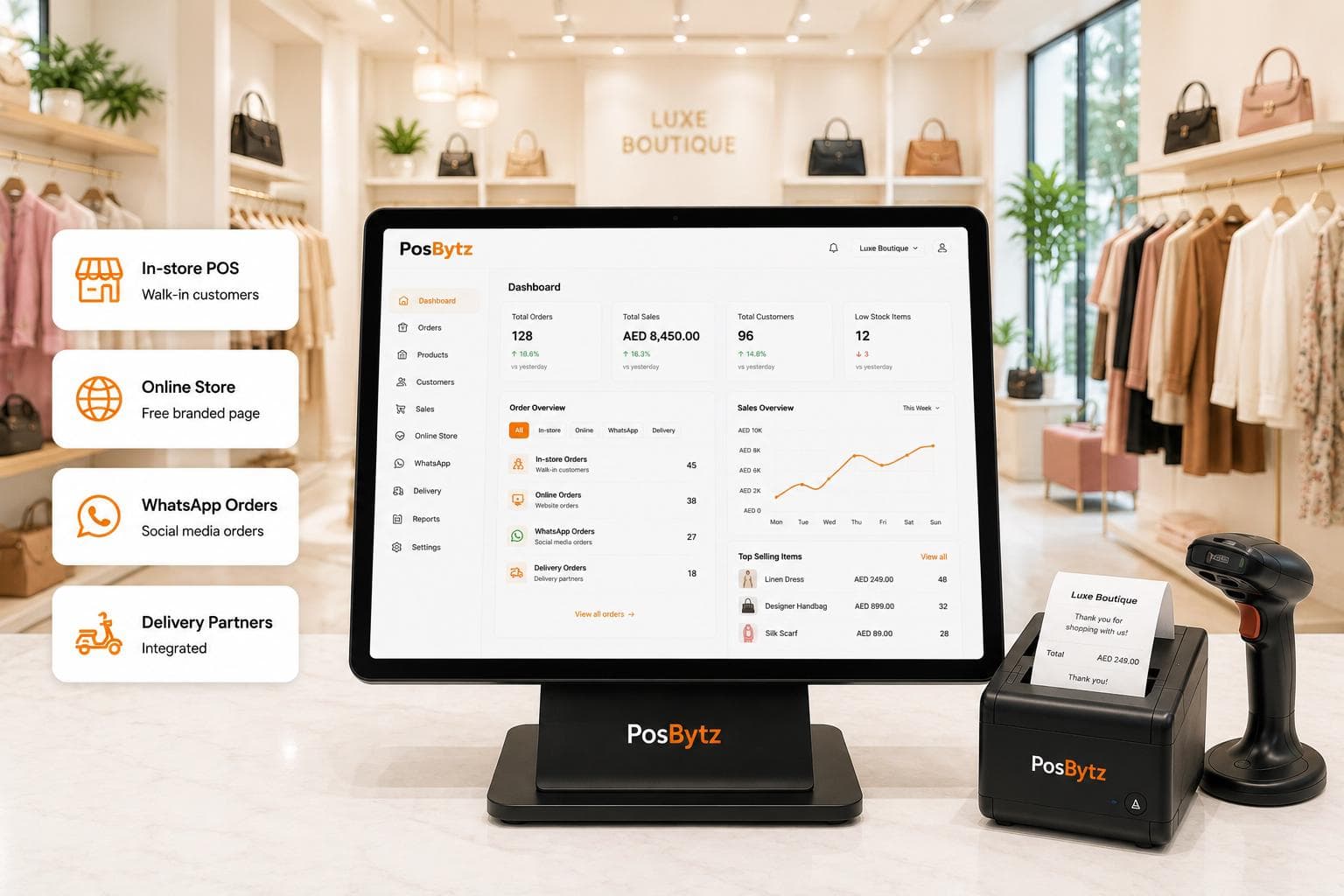 Unified POS system managing in-store, online, WhatsApp, and delivery orders from a single dashboard.