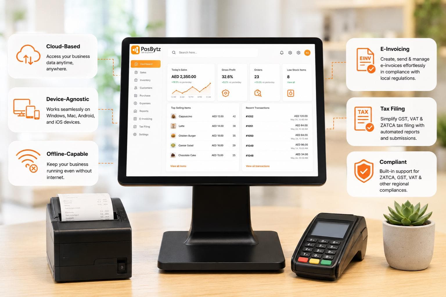 Cloud-based POS software dashboard showing device-agnostic access, billing, inventory, CRM, and accounting features in a unified system.